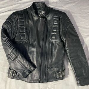 Unisex Black Leather Jacket Moto Biker Size Small Padded